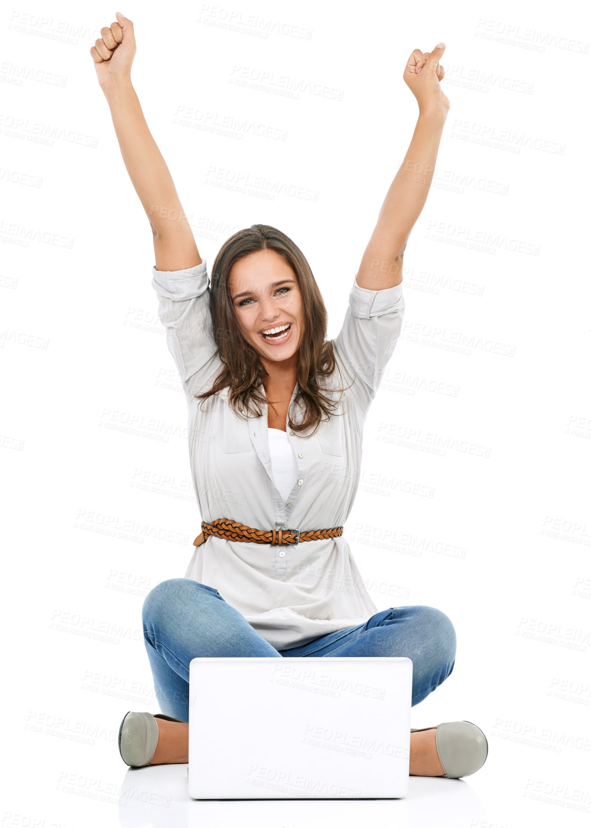 Buy stock photo Laptop, celebration and portrait of a happy woman in a studio after winning an online game. Happiness, celebrate and excited female model or winner with a computer isolated by a white background.