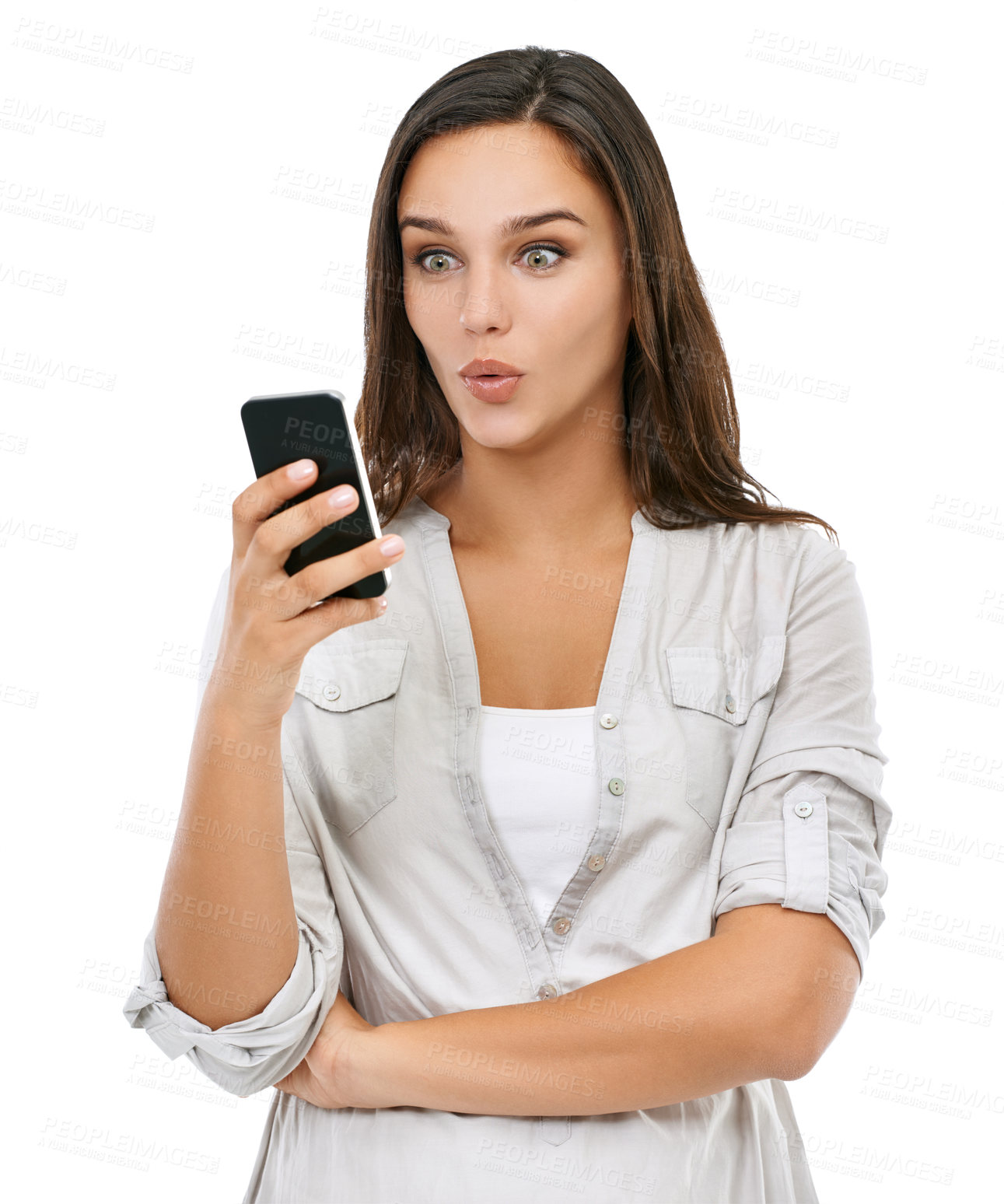 Buy stock photo Woman, surprised and reading phone communication online, talking and conversation on mobile phone isolated in studio. Shocked girl, wow and shocking notification on smartphone or in white background 