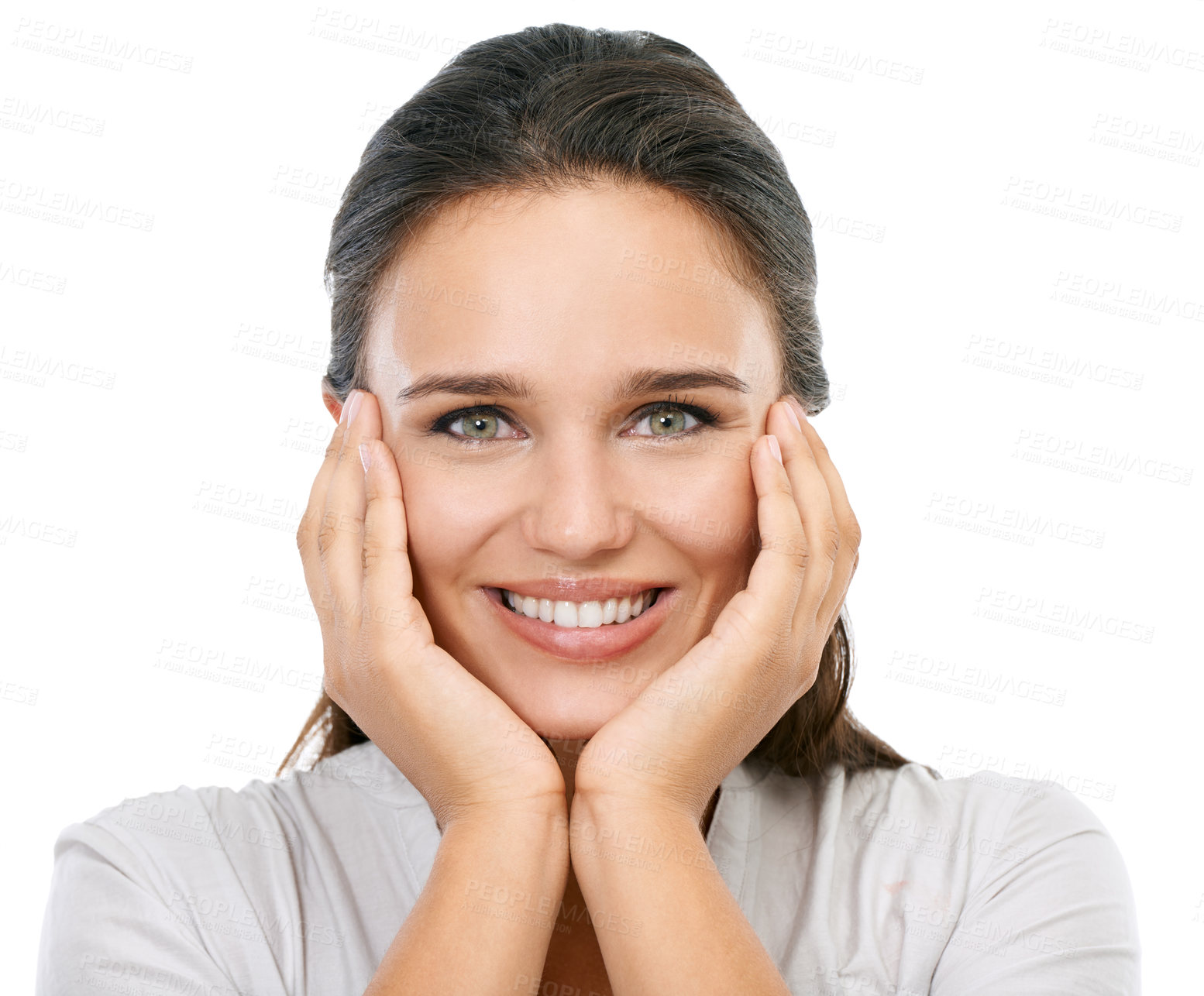 Buy stock photo Portrait, happy and surprise with a woman in studio isolated on a white background with a smile on her face. Wow, hands and beauty with a surprised young female looking shocked, excited or proud