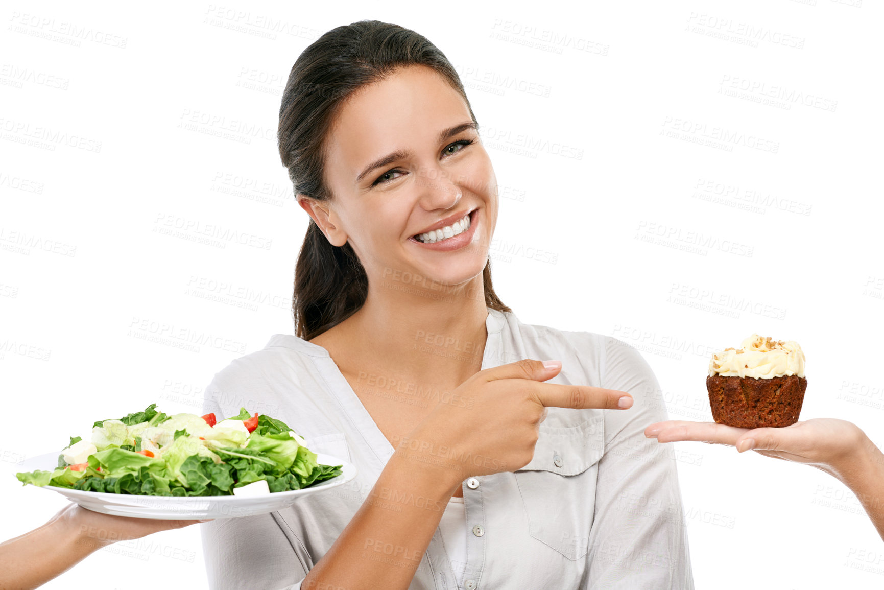 Buy stock photo Salad, cake and woman with unhealthy decision in studio for food, sugar and diet marketing. Chocolate cupcake, green vegetable and model happy decision or hand sign on white background and mockup