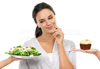 Buy stock photo Woman with salad or cake choice isolated on white background and thinking of healthy food, diet or detox. Chocolate cupcake, green vegetable and model with offer, decision or idea in studio mockup