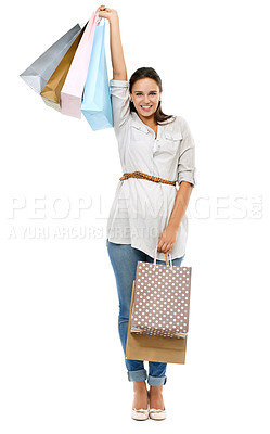 Buy stock photo Portrait, shopping and retail with a woman customer in studio isolated on a white background for sales. Mall, market and fashion with a female consumer posing in celebration or a deal or sale