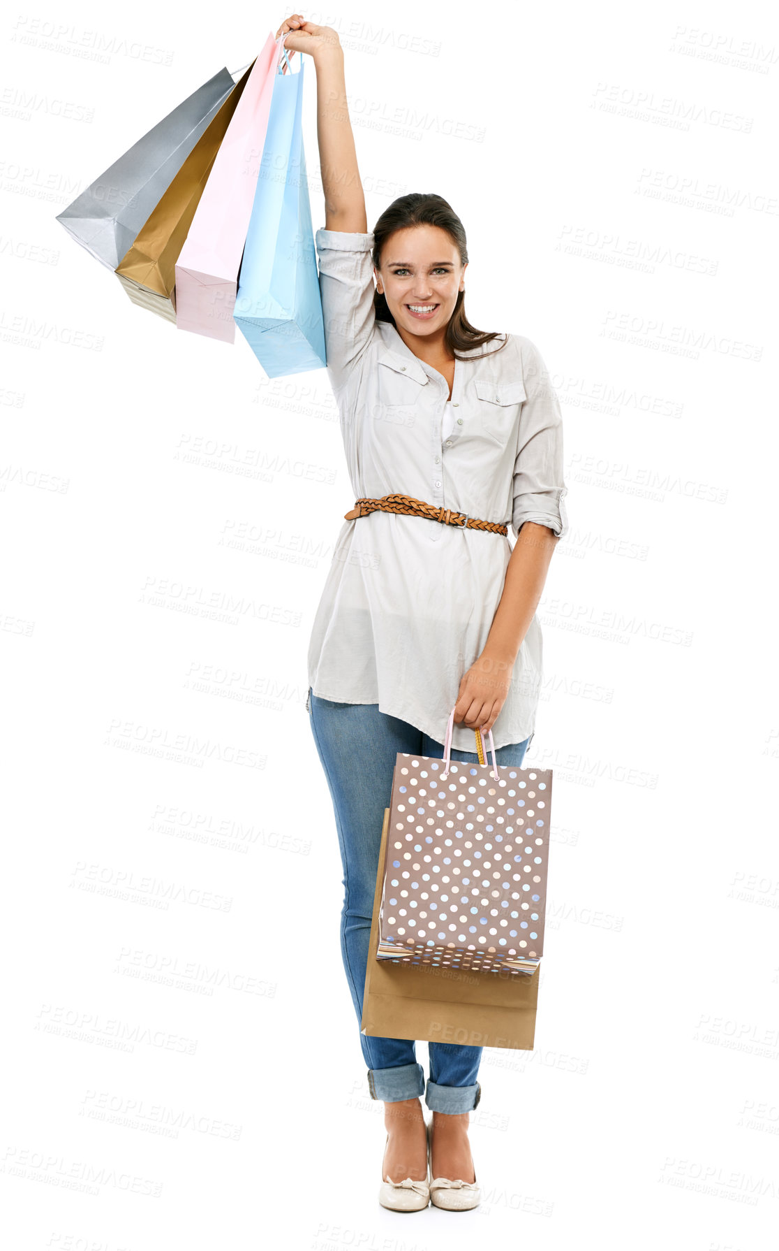 Buy stock photo Portrait, shopping and retail with a woman customer in studio isolated on a white background for sales. Mall, market and fashion with a female consumer posing in celebration or a deal or sale