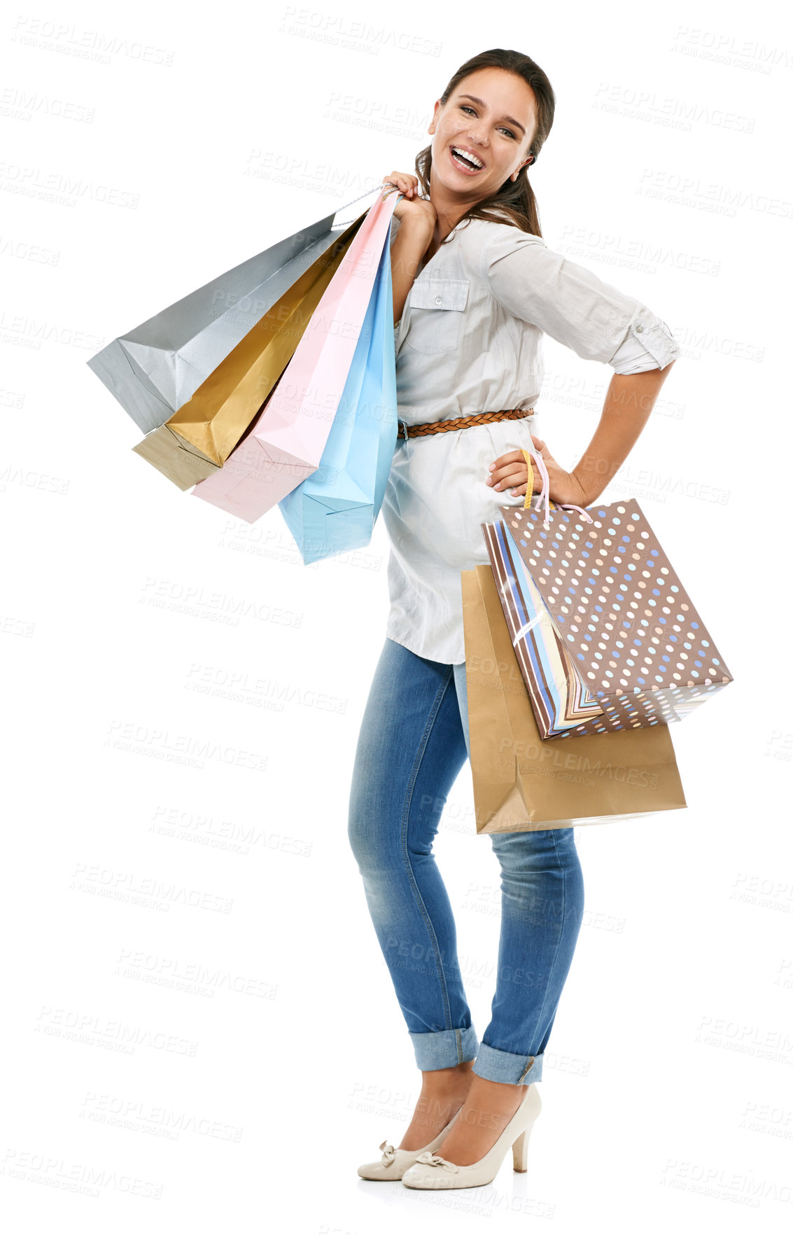 Buy stock photo Portrait, shopping and woman with bags, retail or luxury boutique clothes with client isolated on white studio background. Female, customer or lady with clothes, expensive products or exclusive items