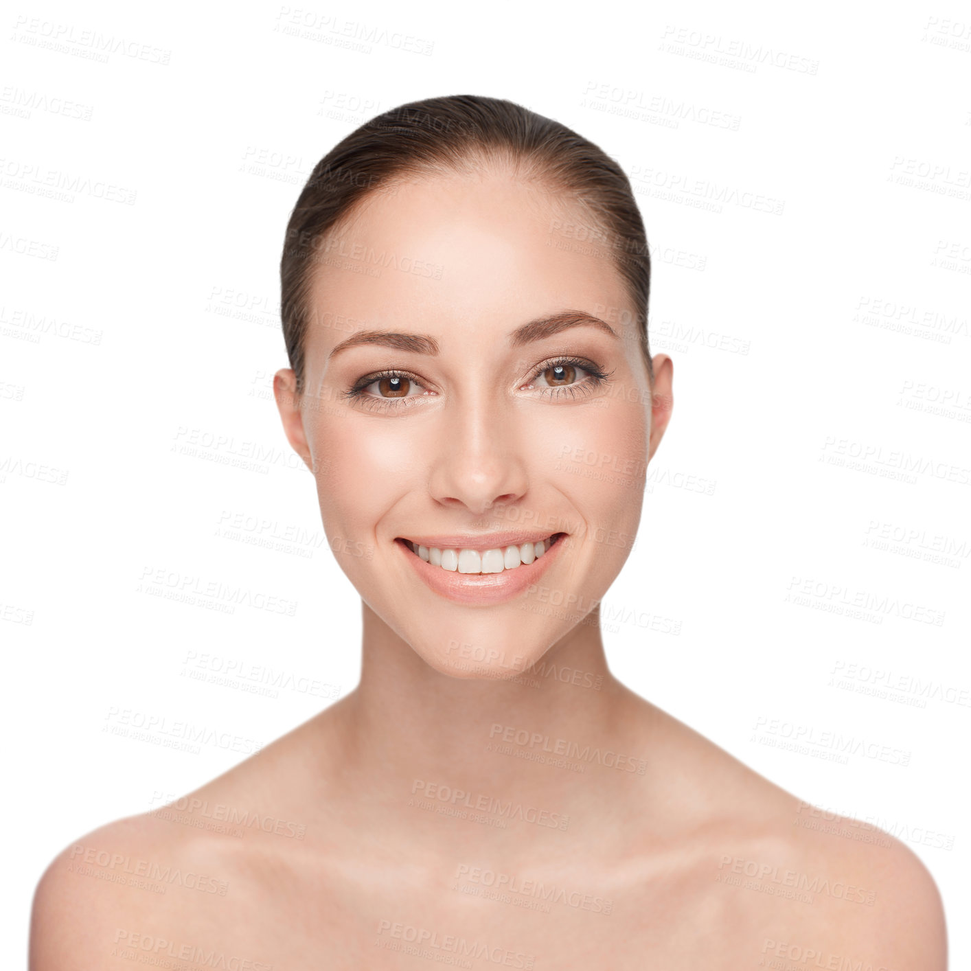 Buy stock photo Woman, skincare and studio portrait health cosmetic or skin peel, spa glow or smile. Female person model, natural detox and facial hygiene or wellness results, clean shine beauty on white background
