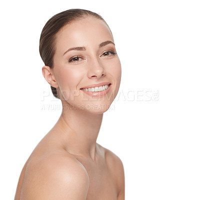 Buy stock photo Woman, skincare and studio for dermatology portrait cosmetic or skin clean, spa glow or smile. Female model, happy face or natural beauty self care wellness results, shine hydrate on white background
