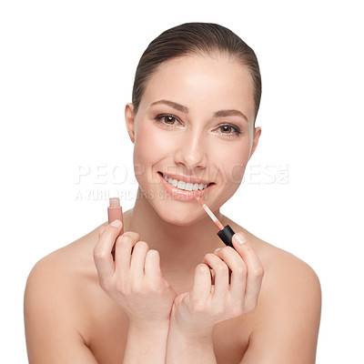 Buy stock photo Woman, cosmetics and lipstick, makeup and beauty with gloss, shine and cosmetology on white background. Hands, portrait and cosmetic product for lips, change or transformation in studio with wellness