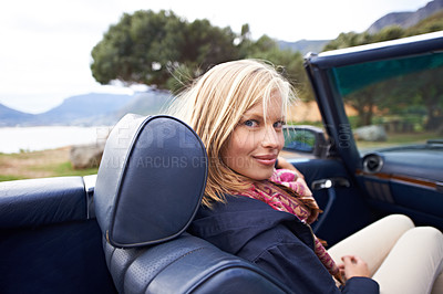 Buy stock photo Woman, portrait and convertible or road trip outdoor on vacation or travel destination, adventure or holiday. Female person, face and transportation in London countryside or journey, drive or tourist