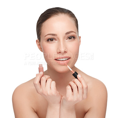 Buy stock photo Woman, portrait and lipstick, makeup and beauty with gloss, shine and cosmetology on white background. Hands, face and cosmetic product for lips, change or transformation in studio with wellness