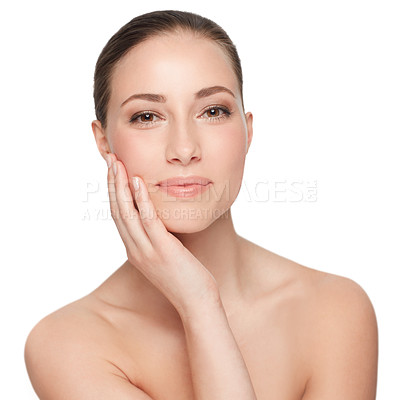 Buy stock photo Woman, portrait and facial, natural beauty and cosmetics with dermatology isolated on white background. Hand, skincare and self care with clean face and wellness, model  with glow in a studio