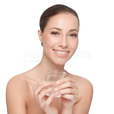 Buy stock photo Woman, portrait and skincare for beauty, water for health and wellness, dermatology and self care on white background. Face, hydration and h2o in glass for skin and natural cosmetics in studio