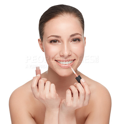 Buy stock photo Woman, face and skincare for beauty, lipstick and makeup with cosmetology and wellness on white background. Portrait, cosmetic product for lips and clean skin, glow or shine with smile in studio