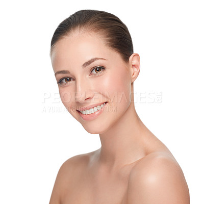 Buy stock photo Portrait, beauty and woman with cosmetics, smile and girl isolated against a white studio background. Face, female person and model with self care, grooming routine and dermatology with healthy skin