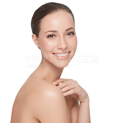 Buy stock photo Portrait, luxury and woman with beauty, dermatology and self care isolated against a white studio background. Face, female person and model with a smile, organic facial and bare with grooming routine