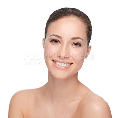 Buy stock photo Happy woman, beauty and studio portrait for glow health cosmetic wellness, collagen or smile. Female model, natural makeup and treatment for shine hygiene, fresh on white background as mockup