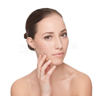 Buy stock photo Woman, portrait and skincare, natural beauty and cosmetics with dermatology isolated on white background. Hand, makeup and self care, clean facial and wellness, model face with glow in studio