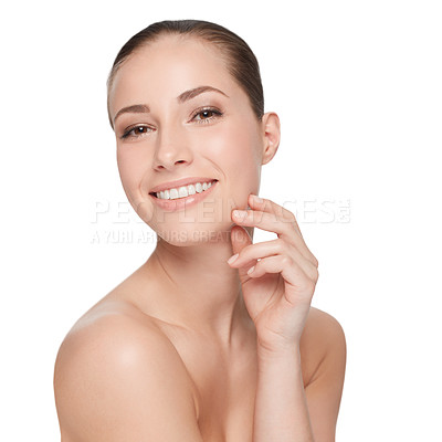 Buy stock photo Woman, skincare and portrait hand in studio smile for beauty, health or cosmetic skin peel. Female model, natural detox and hydra facial wellness glow results, shine for hydration on white background