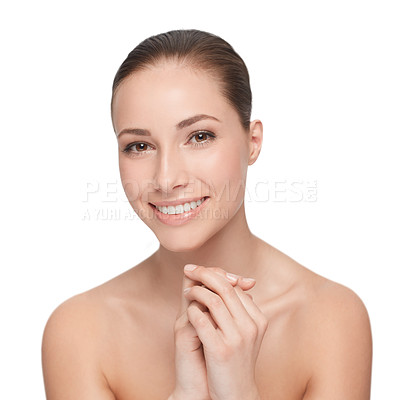 Buy stock photo Woman, face and skincare for natural beauty, hygiene and wellness with dermatology and self care on white background. Portrait, facial and clean skin for glow and cosmetics for shine in studio