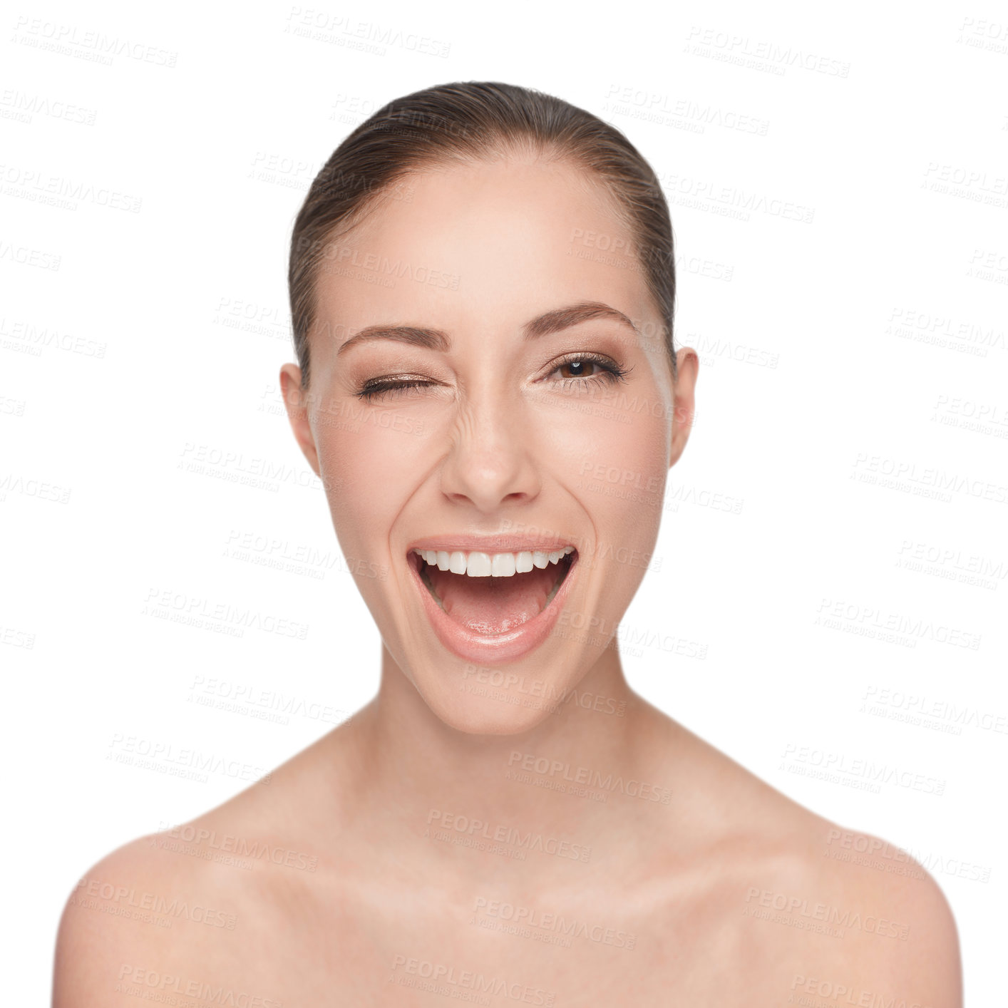Buy stock photo Portrait, happy and woman wink for skincare, flirt or beauty makeup isolated on white studio background. Face, blink and smile of model in cosmetics excited for spa facial treatment for healthy skin