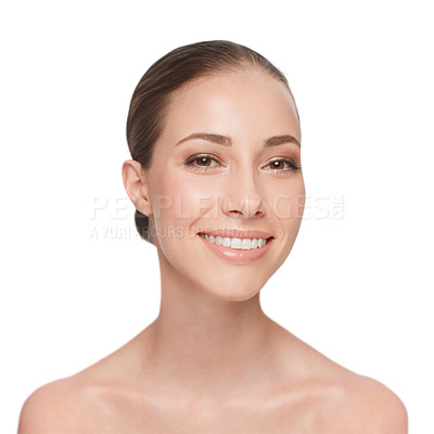Buy stock photo Smile, dental care and portrait of a woman with a glow isolated on a white background in studio for skincare. Happy, face and young model showing teeth for oral hygiene with care of natural skin