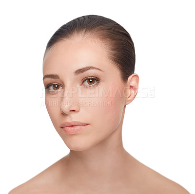 Buy stock photo Portrait, natural beauty and serious woman, shine and skincare isolated on a white studio background. Face, glow and young model in cosmetics, dermatology and spa facial treatment for healthy skin
