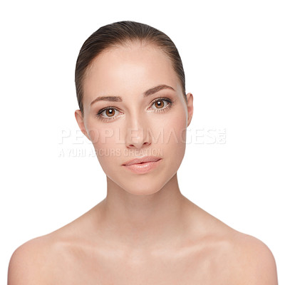 Buy stock photo Portrait, natural beauty and serious woman, skincare and glow isolated on a white studio background. Face, shine and young model in cosmetics, dermatology and spa facial treatment for healthy skin