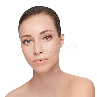 Buy stock photo Portrait, beauty and skincare of woman, shine or glow isolated on a white studio background. Face, serious and young model in makeup cosmetics, dermatology and spa facial treatment for healthy skin