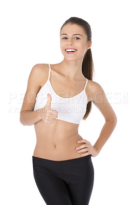 Buy stock photo Woman, sportswear and thumbs up in studio for motivation, support and agreement on white background. Personal trainer, happy and portrait with smile for workout, good luck or success with fitness