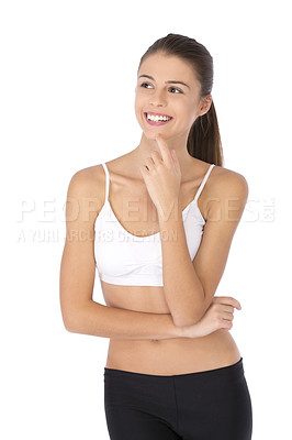 Buy stock photo Woman, activewear and studio with smile, thought and sports bra for fitness and healthy living. Female personal trainer, white background and mockup for exercise, gym and idea for athletic workout 