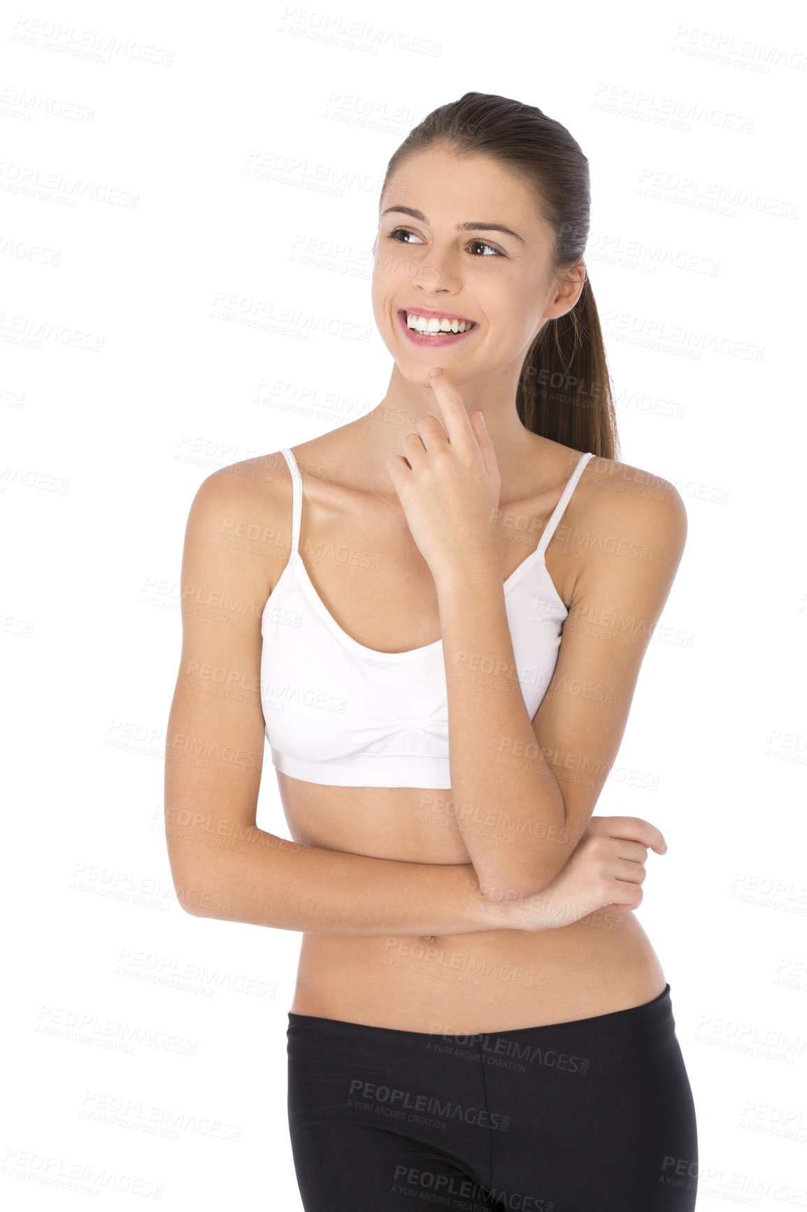 Buy stock photo Woman, activewear and studio with smile, thought and sports bra for fitness and healthy living. Female personal trainer, white background and mockup for exercise, gym and idea for athletic workout 