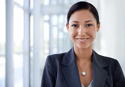 Buy stock photo Portrait of businesswoman, smile or finance career in office for professional, job or corporate company. Face, proud employee or work as financial consultant or happy female attorney in workplace