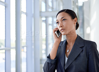Buy stock photo Thinking, listening or businesswoman on a phone call talking, networking or speaking of ideas in office. Vision, mobile communication or female lawyer in conversation for negotiation, chat or offer