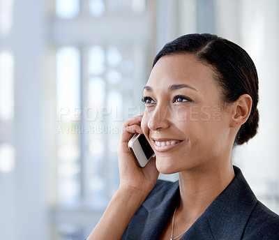 Buy stock photo Thinking, listening or happy businesswoman on a phone call talking, networking or speaking of ideas in office. Vision, mobile communication or lawyer in conversation for negotiation, chat or offer