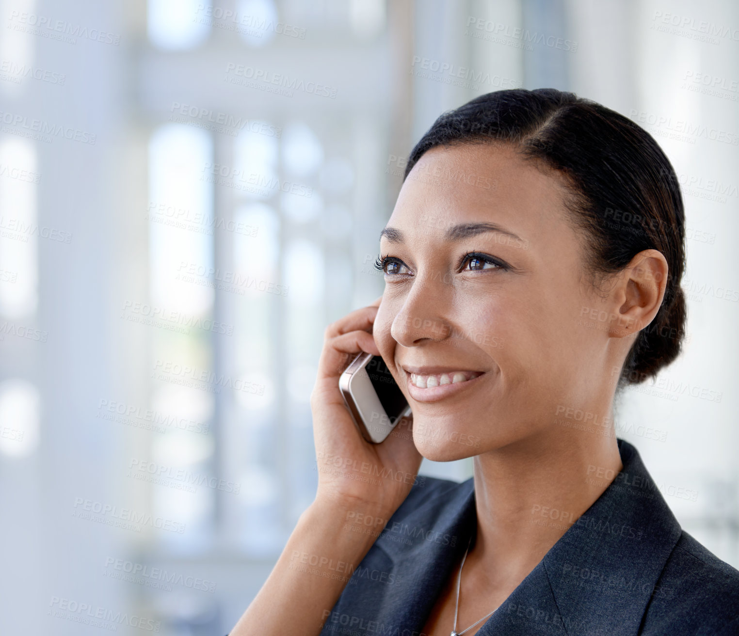 Buy stock photo Thinking, listening or happy businesswoman on a phone call talking, networking or speaking of ideas in office. Vision, mobile communication or lawyer in conversation for negotiation, chat or offer