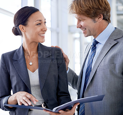 Buy stock photo Portfolio, reading or happy business people with teamwork, smile or employees in corporate company. Boss, attorney or proud manager with leadership, lawyers or worker with paperwork or legal advisor