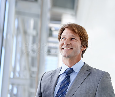 Buy stock photo Ideas, smile and businessman by window in office for planning, problem solving or brainstorming. Happy, thinking and professional male lawyer or attorney with vision for legal case in workplace.