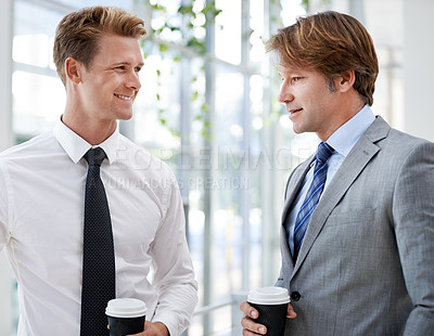 Buy stock photo Men, colleagues and business conversation or coffee in office as law attorneys or collaboration, teamwork or professional. Male people, caffeine and talk or corporate planning, project or discussion