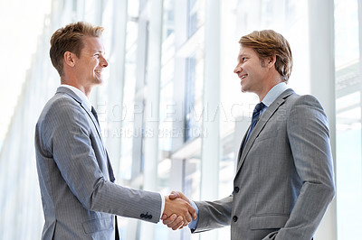 Buy stock photo Men, colleagues and shaking hands or business agreement or collaboration on project, deal or promotion. Male people, networking and gesture for partnership at law firm or welcome, onboarding or unity