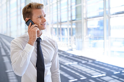 Buy stock photo Thinking, deal or confident businessman on a phone call talking, networking or speaking in office. Smile, mobile communication chat or entrepreneur in conversation, discussion or negotiation offer