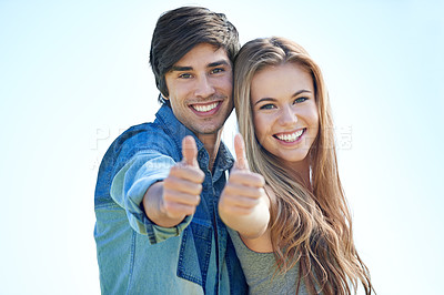 Buy stock photo Couple, portrait and thumbs up for support in nature, love and care in relationship or outdoors. Happy people, collaboration and like emoji or symbol, bonding and promotion of marriage by blue sky