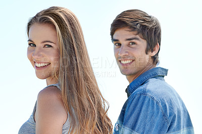 Buy stock photo Young couple, care and portrait in nature with love together, fun and holiday to travel by blue sky. Man, woman or happy face on romantic trip for bonding outdoor or relax on summer vacation in spain