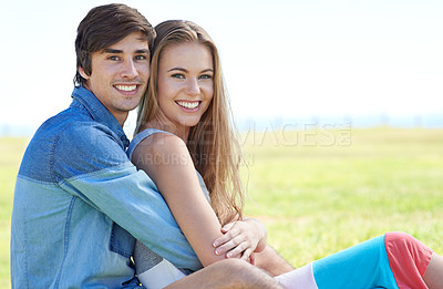 Buy stock photo Couple, portrait and hugging in nature, love and care in relationship on outdoor date. Happy people, embrace and relax on holiday or vacation, bonding and romance on adventure and travel for getaway