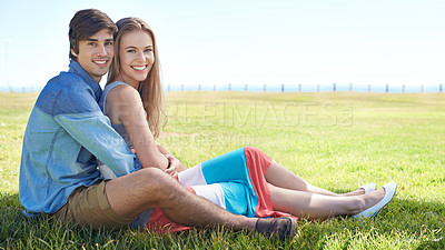 Buy stock photo Couple, portrait and hug in nature, romance and care in relationship on outdoor date. Happy people, embrace and relax on holiday or vacation, bonding and support on adventure and travel for getaway