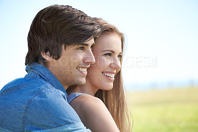 Buy stock photo Couple, smile and hugging in nature, love and care in relationship on outdoor date. Happy people, embrace and relax on holiday or vacation, bonding and romance on adventure and travel for getaway