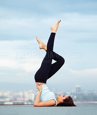 Buy stock photo Yoga, stretching legs and woman with cityscape, health and wellness with balance for healthy body exercise. Health care, pilates and mindfulness, workout for girl and view of city from rooftop mockup