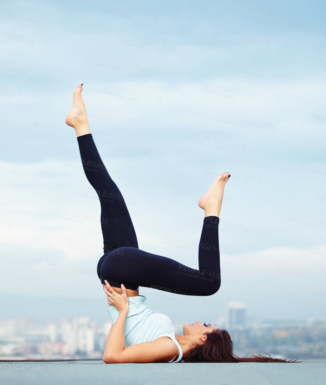 Buy stock photo Fitness, yoga and woman on roof in city, stretching legs and back for wellness and balance with healthy body. Health care, pilates and mindfulness, zen workout for girl and view of cityscape rooftop.