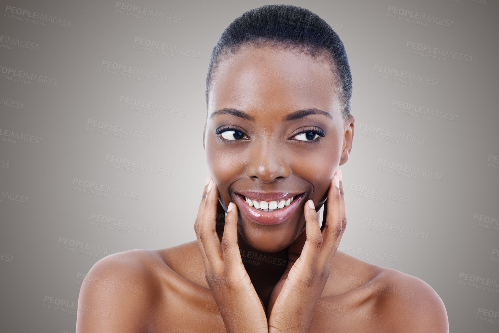 Buy stock photo Skincare, cosmetics and face of black woman in studio with smile, natural makeup or facial on mockup space. Beauty, dermatology and happy girl on grey background for healthy skin, shine or wellness.