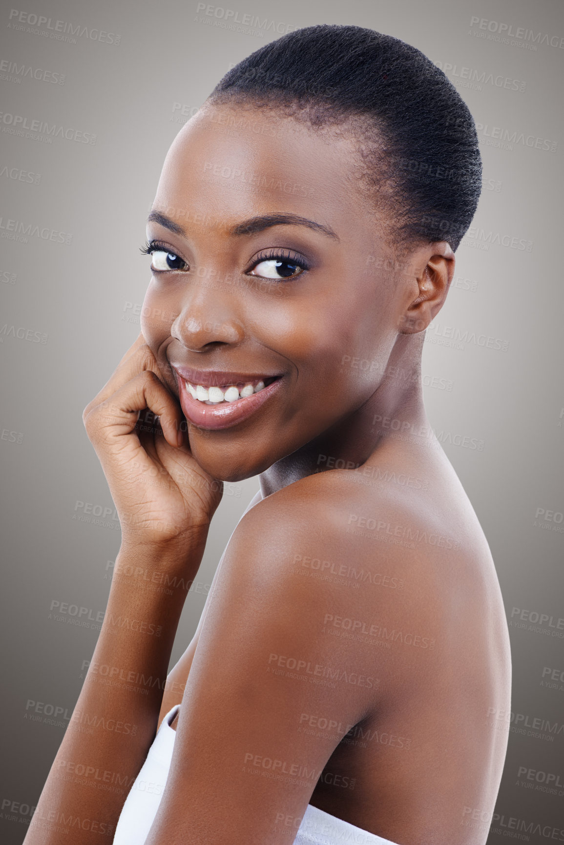 Buy stock photo Smile, beauty and portrait of black woman in studio with skincare, natural makeup or facial glow. Cosmetics, dermatology and face of happy girl on grey background for healthy skin, shine or wellness.