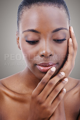 Buy stock photo Beauty, nails and black woman with skincare and manicure on a gray background of studio or salon. Facial, makeup and African model with natural glow on skin and hand from cosmetics or dermatology