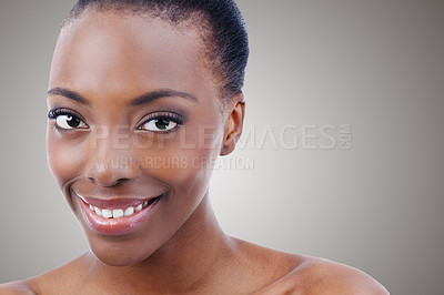 Buy stock photo Skincare, smile and portrait of black woman in mockup with beauty, natural makeup or facial in studio space. Cosmetics, dermatology and happy girl on white background for healthy skin, shine or face.